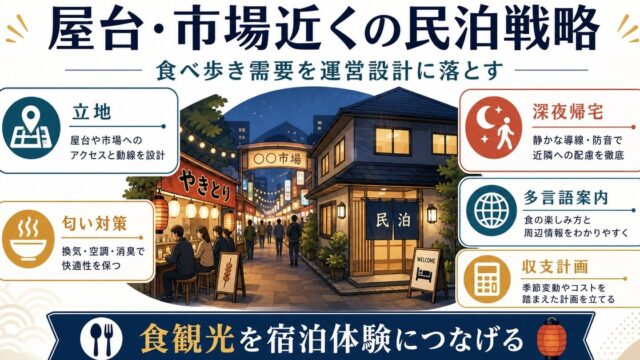屋台・市場近くの民泊で立地、深夜帰宅、匂い対策、多言語案内、収支計画を整える図解