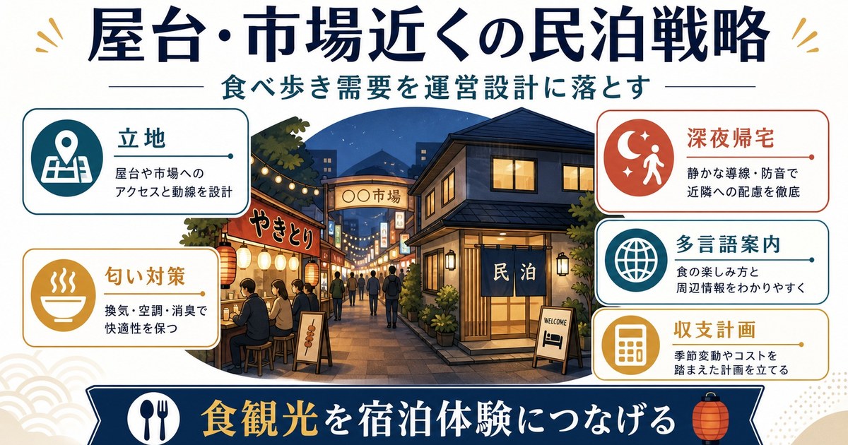 屋台・市場近くの民泊で立地、深夜帰宅、匂い対策、多言語案内、収支計画を整える図解