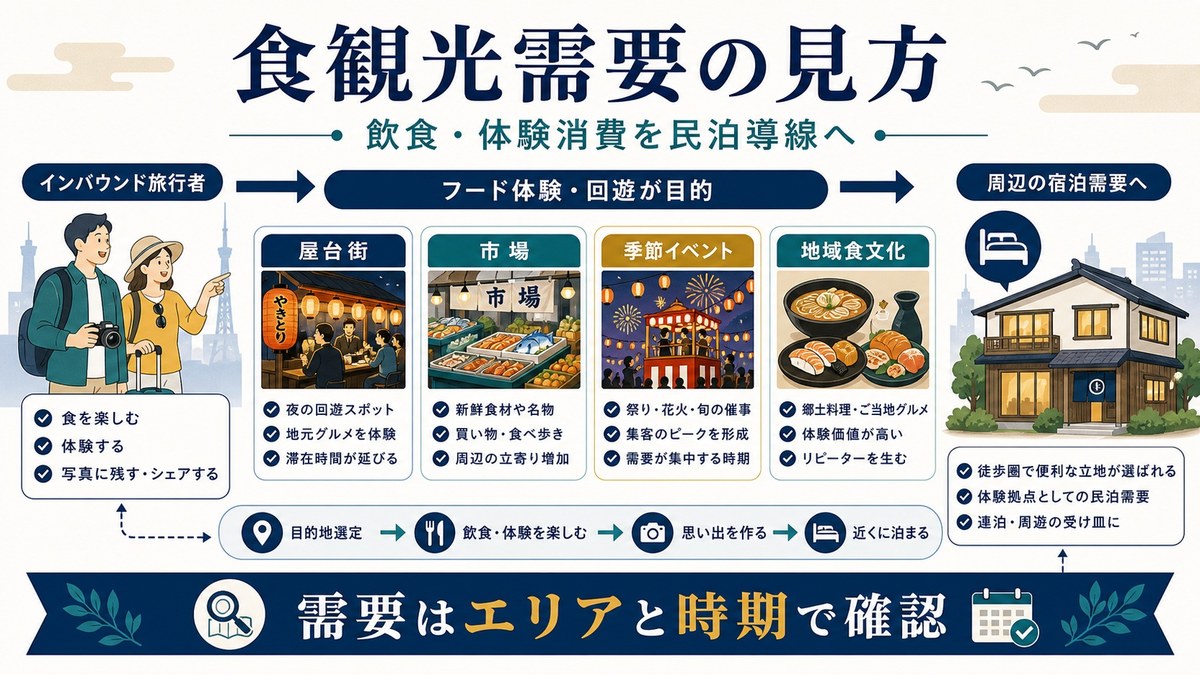 屋台街、市場、季節イベント、地域食文化を食観光需要として確認する図解