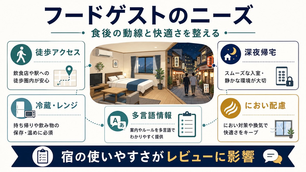 食べ歩きゲストが求める徒歩アクセス、深夜帰宅、冷蔵レンジ、におい配慮、多言語情報の図解