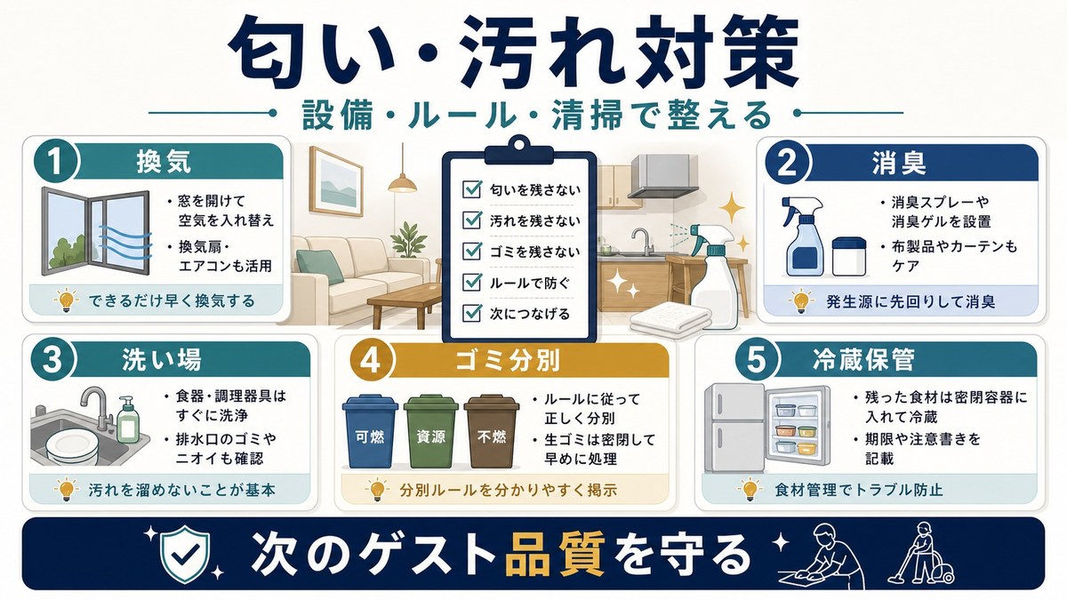 食べ歩き後の匂いと汚れを換気、消臭、洗い場、ゴミ分別、冷蔵保管で整える図解