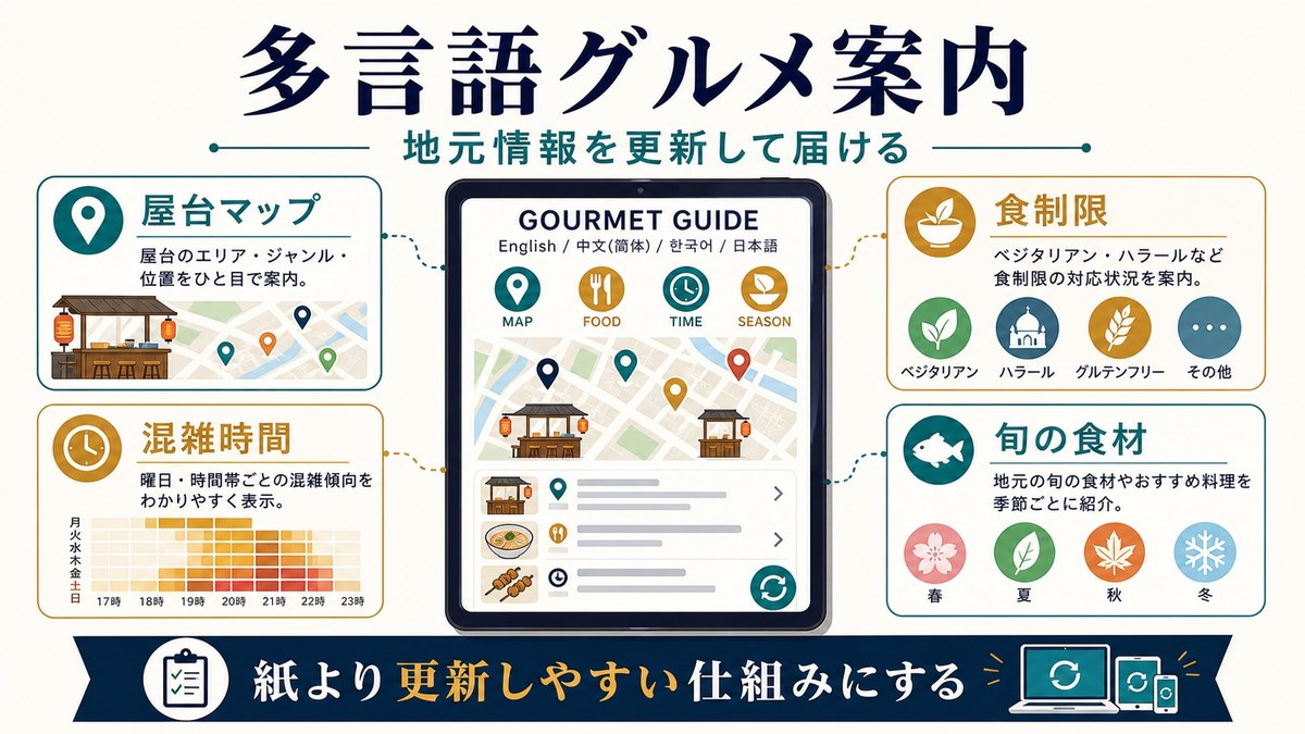 多言語グルメ案内で屋台マップ、食制限、混雑時間、旬の食材を更新して届ける図解