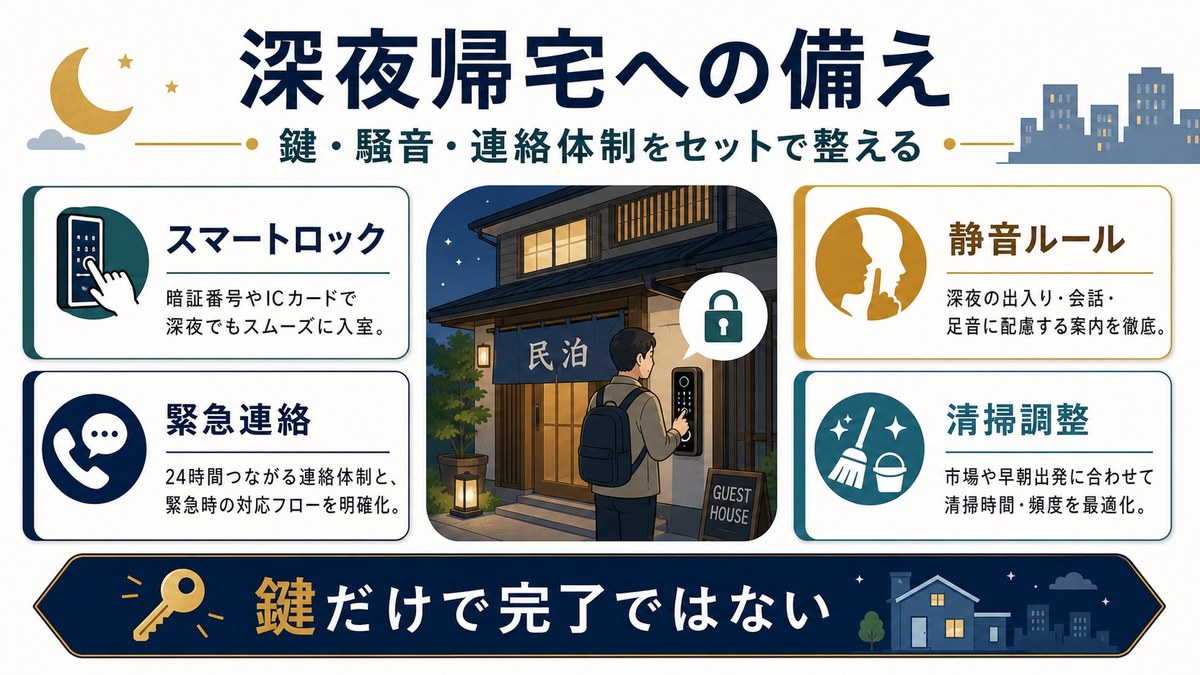 深夜帰宅に備えてスマートロック、静音ルール、緊急連絡、清掃調整を整える図解