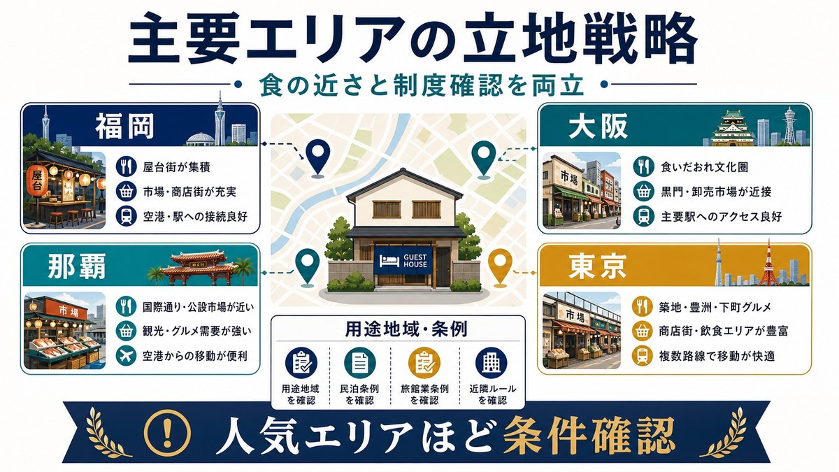主要屋台エリアの立地戦略では食の近さと用途地域・条例の確認を両立する図解