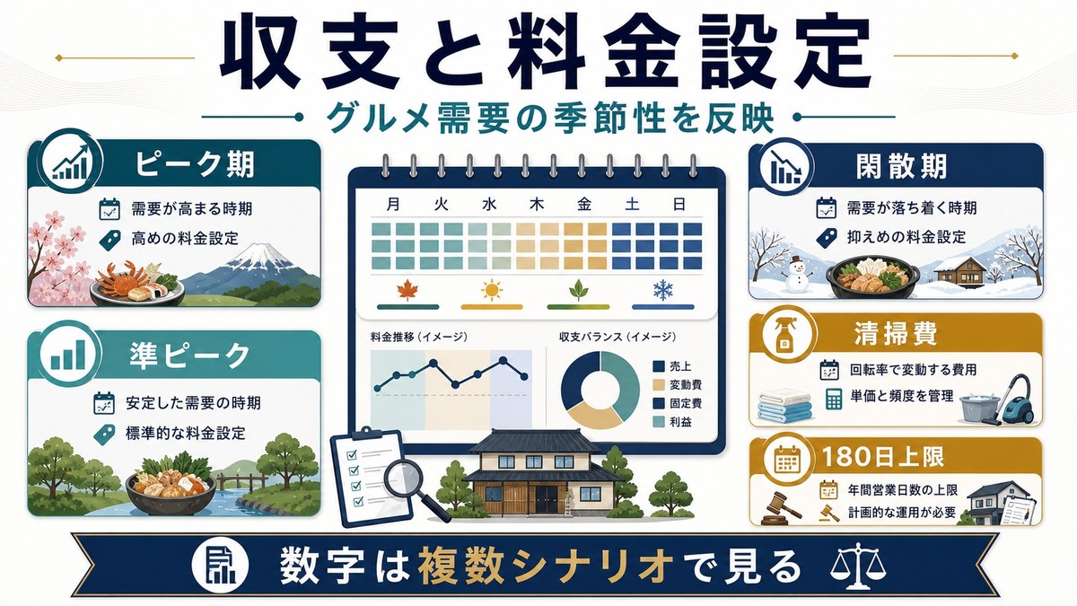 グルメ需要の季節性、清掃費、180日上限を複数シナリオで見て収支と料金を考える図解