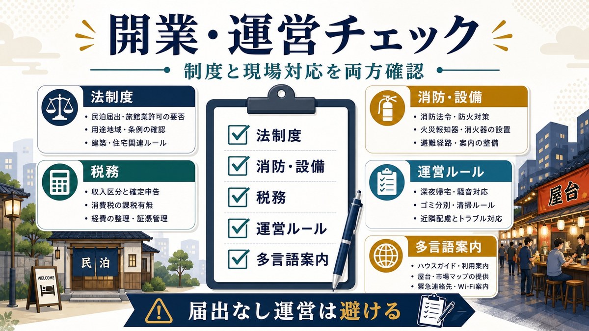 開業・運営では法制度、消防設備、税務、運営ルール、多言語案内を確認する図解