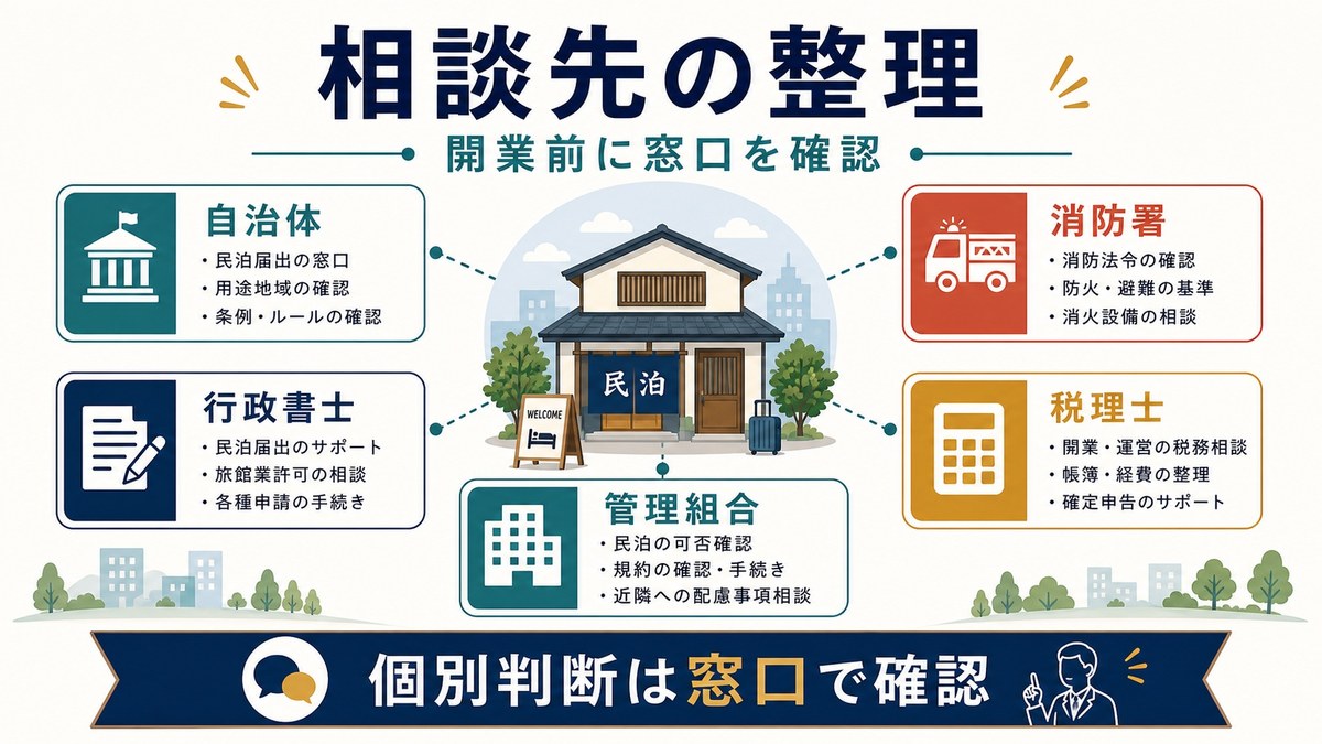 自治体、消防署、行政書士、税理士、管理組合など開業前の相談先を整理する図解