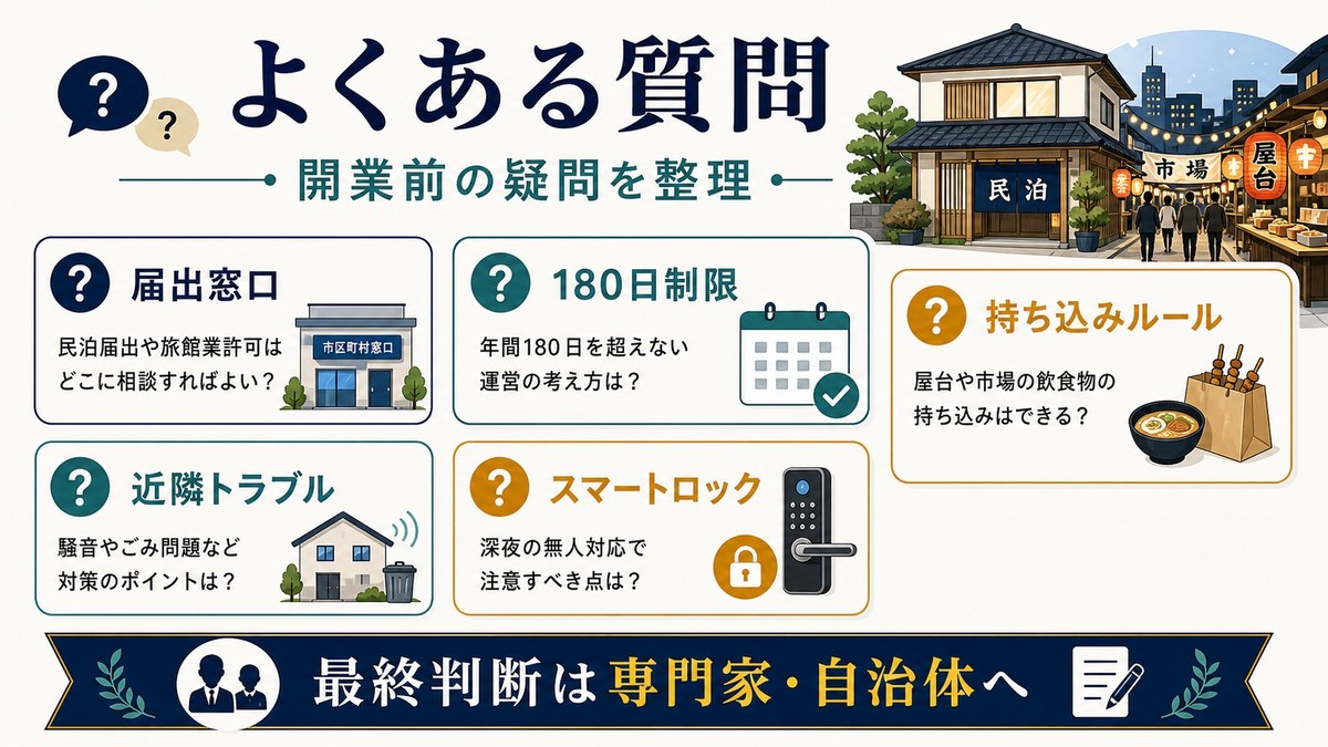 届出窓口、180日制限、持ち込みルール、近隣トラブル、スマートロックのFAQを整理する図解