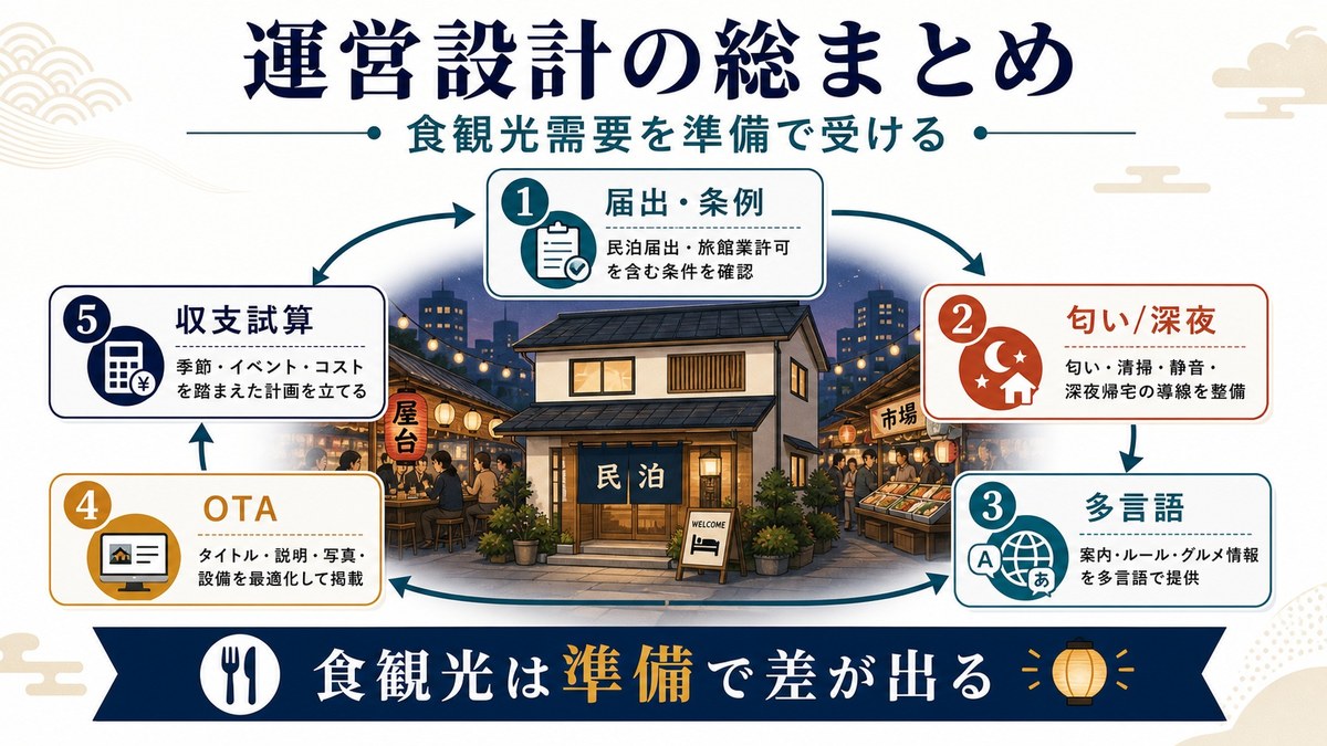 届出・条例、匂い深夜、多言語、OTA、収支試算を整えて食観光需要を受けるまとめ図解