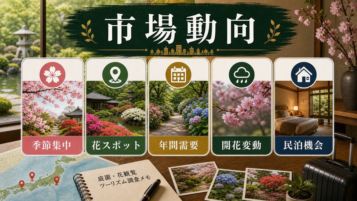 庭園・花観覧ツーリズムの市場動向、季節集中、花スポット、年間需要を整理した図解