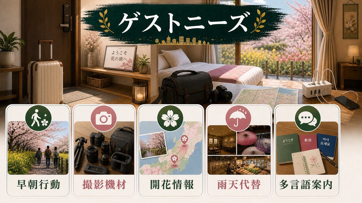 花観覧ゲストが民泊に求める早朝行動、撮影機材、開花情報、雨天代替、多言語案内を整理した図解