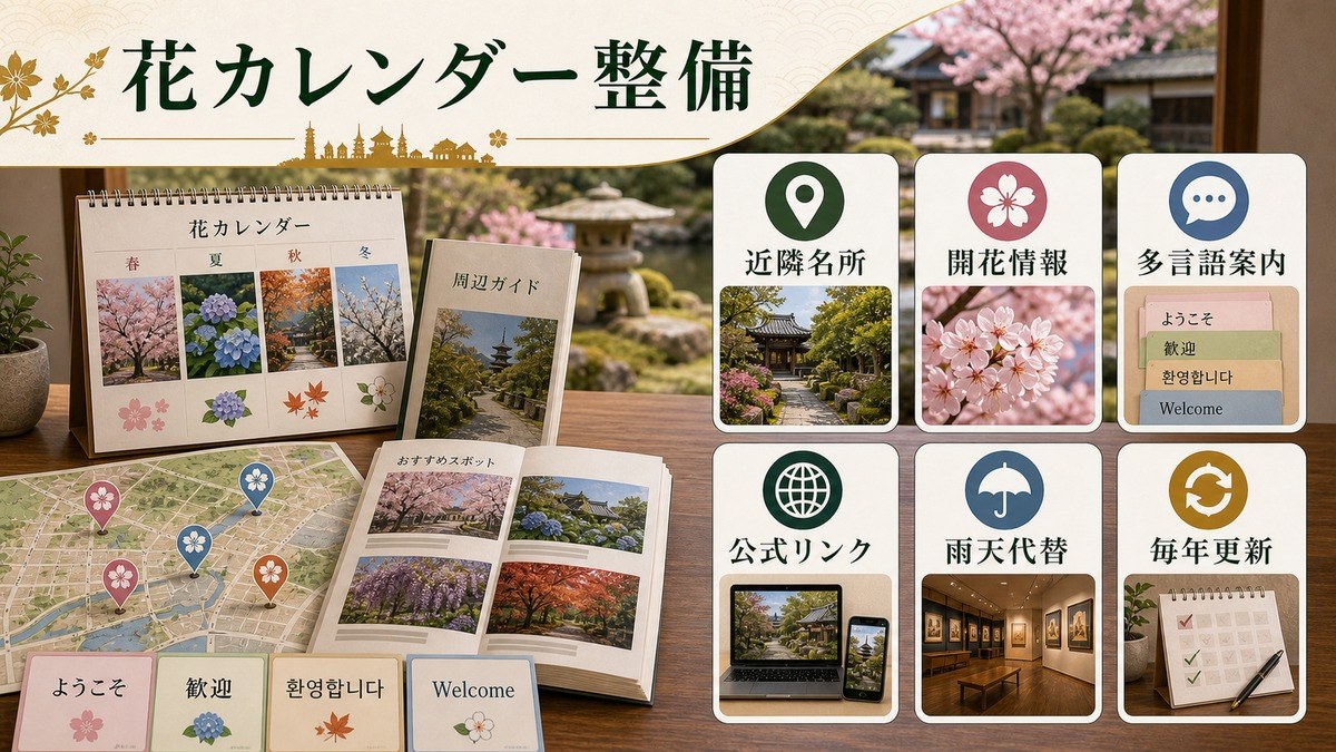 近隣名所、開花情報、多言語案内、公式リンク、雨天代替を整理した花カレンダー整備図解