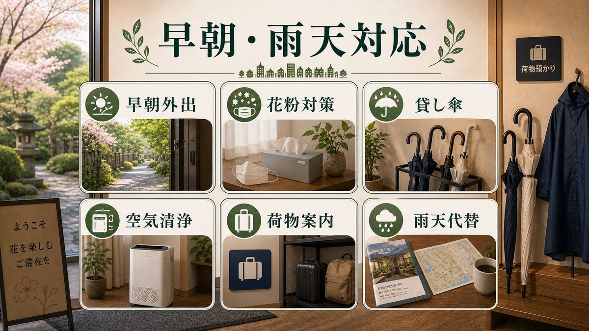 早朝外出、花粉対策、貸し傘、空気清浄、荷物案内、雨天代替を整理した図解