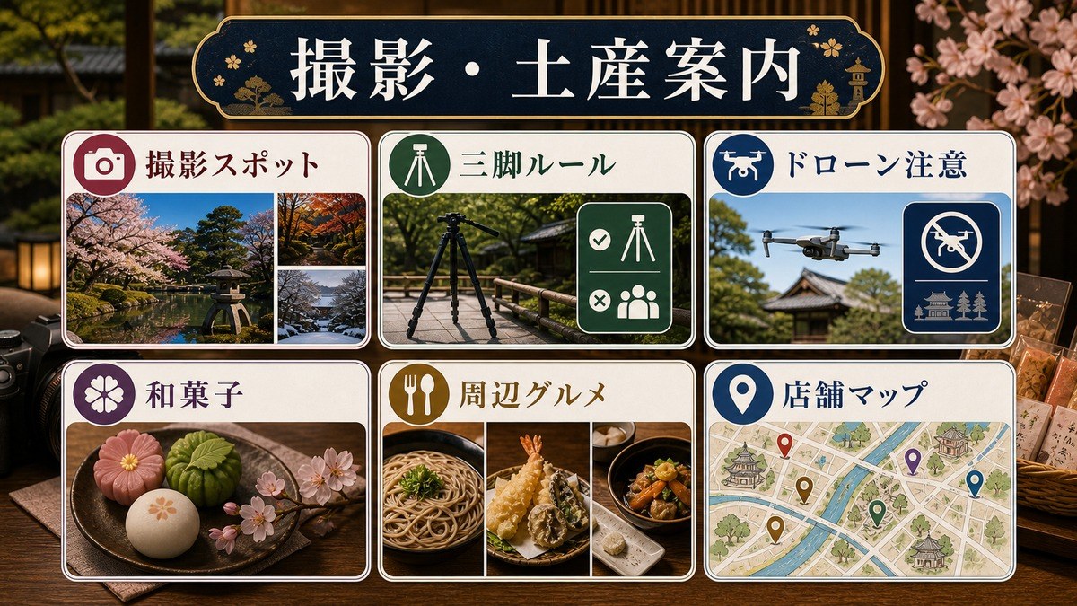 撮影スポット、三脚ルール、ドローン注意、和菓子、周辺グルメ、店舗マップを整理した図解