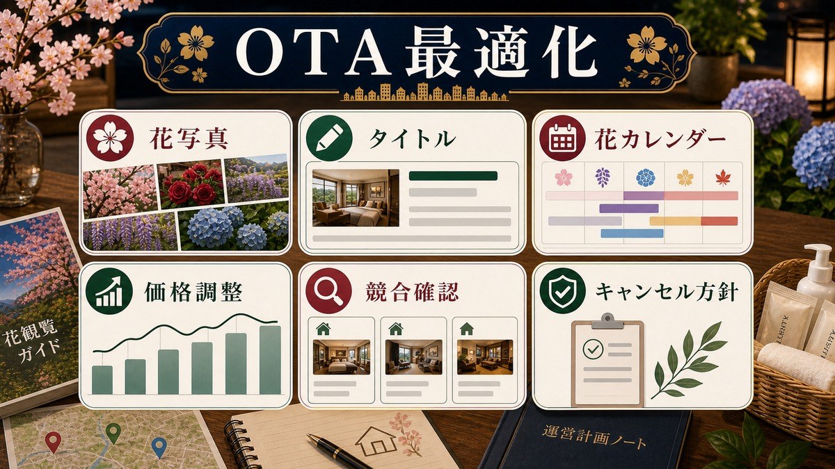 花シーズンのOTA最適化、花写真、タイトル、花カレンダー、価格調整、競合確認、キャンセル方針を整理した図解