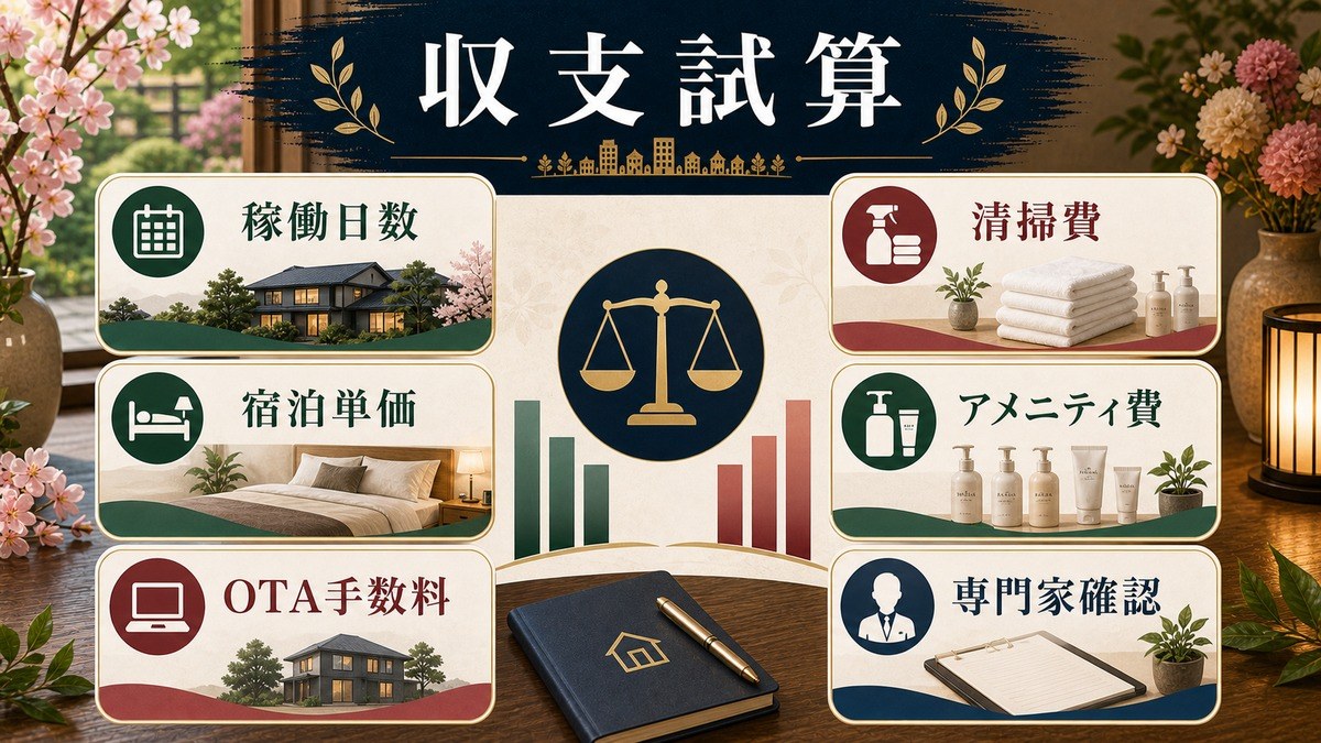 花シーズンの収支試算で見る稼働日数、宿泊単価、OTA手数料、清掃費、アメニティ費、専門家確認を整理した図解