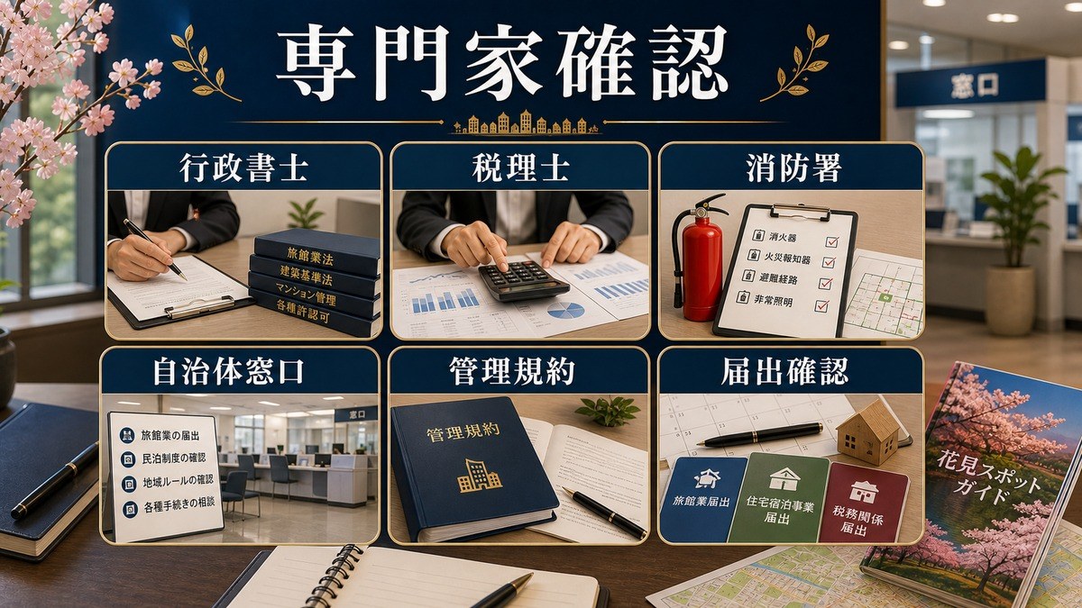 行政書士、税理士、消防署、自治体窓口、管理規約、届出確認を整理した専門家確認図解