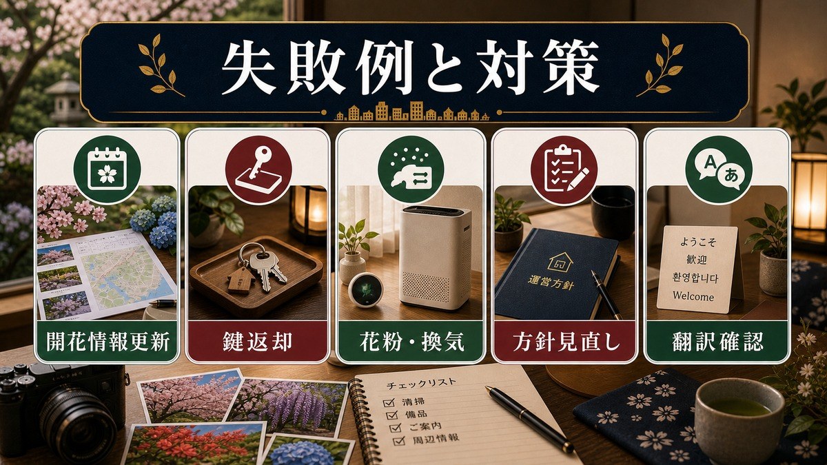 花観覧ゲスト対応で起きやすい開花情報更新、鍵返却、花粉・換気、方針見直し、翻訳確認の失敗対策図解