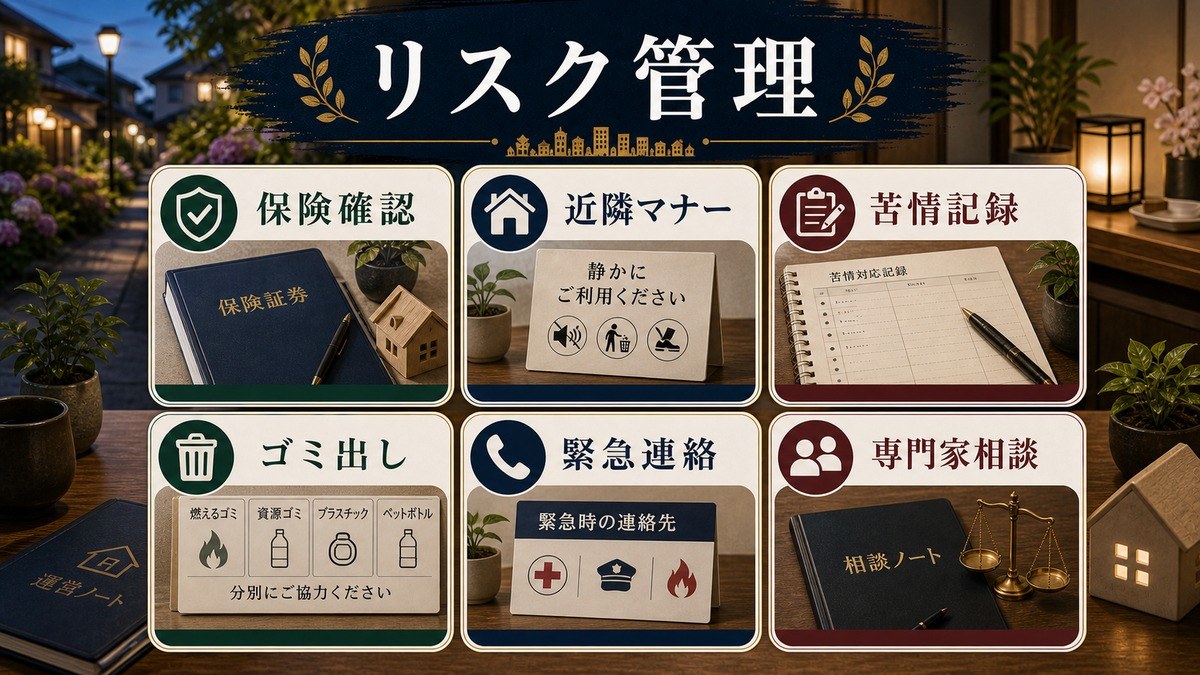 保険確認、近隣マナー、苦情記録、ゴミ出し、緊急連絡、専門家相談を整理したリスク管理図解