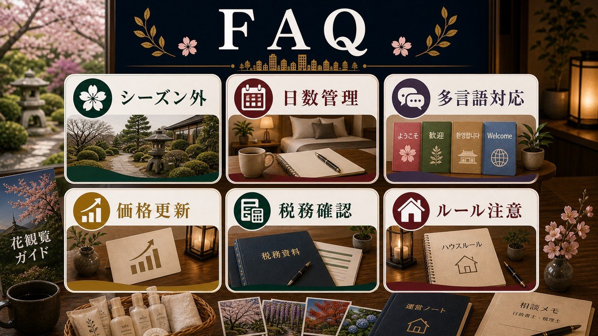 花観覧民泊のFAQとしてシーズン外、日数管理、多言語対応、価格更新、税務確認、ルール注意を整理した図解