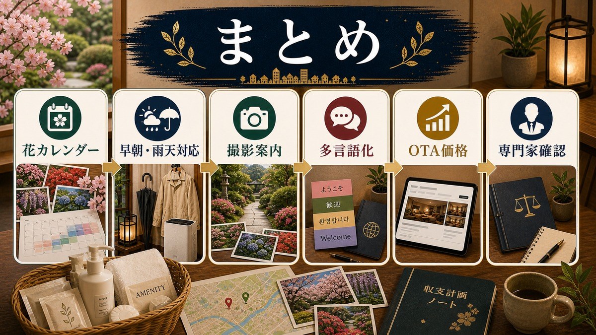 花観覧民泊のまとめとして花カレンダー、早朝・雨天対応、撮影案内、多言語化、OTA価格、専門家確認を整理した図解