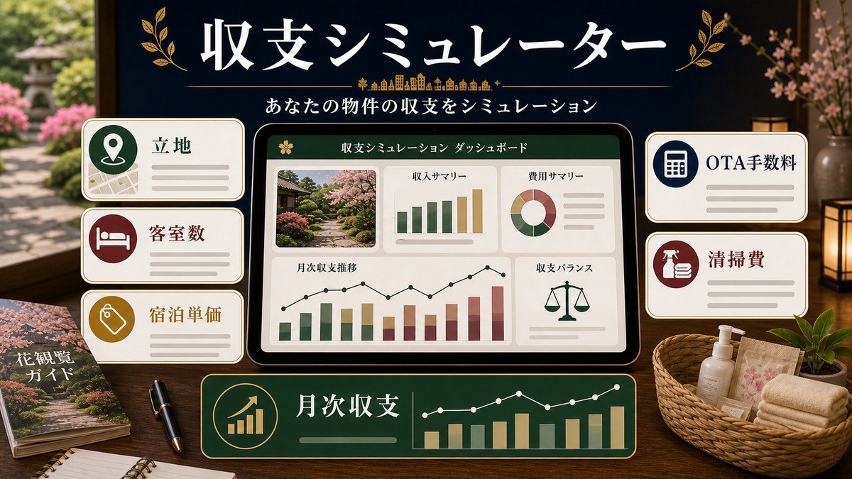 収支シミュレーターで立地、客室数、宿泊単価、OTA手数料、清掃費、月次収支を確認する図解