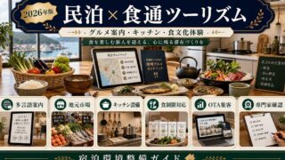 民泊のガストロノミー・食通ツーリズム需要について、グルメ案内、地元市場、キッチン設備、食制限対応、OTA集客、専門家確認を整理したアイキャッチ画像