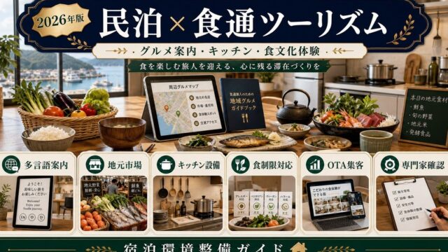 民泊のガストロノミー・食通ツーリズム需要について、グルメ案内、地元市場、キッチン設備、食制限対応、OTA集客、専門家確認を整理したアイキャッチ画像