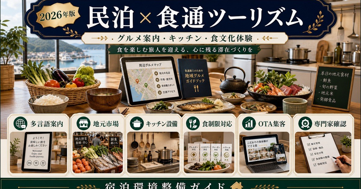 民泊のガストロノミー・食通ツーリズム需要について、グルメ案内、地元市場、キッチン設備、食制限対応、OTA集客、専門家確認を整理したアイキャッチ画像