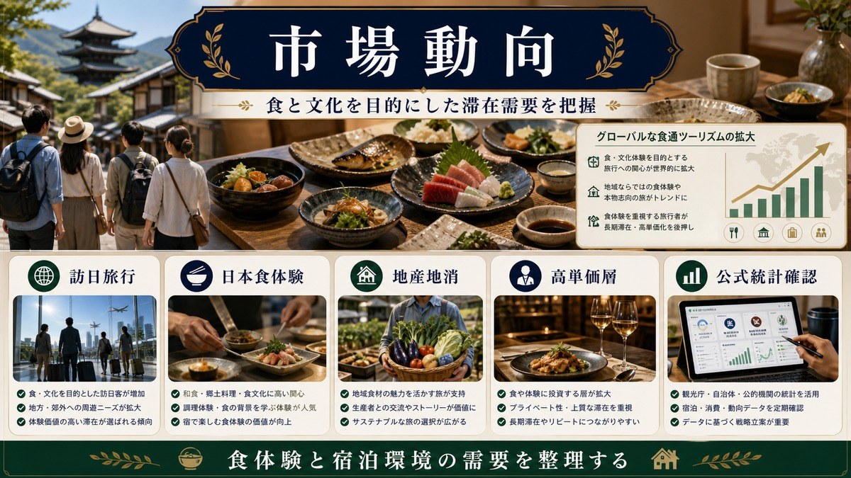 ガストロノミー・食通ツーリズムの市場動向として訪日旅行、日本食体験、地産地消、高単価層、公式統計確認を整理した図解