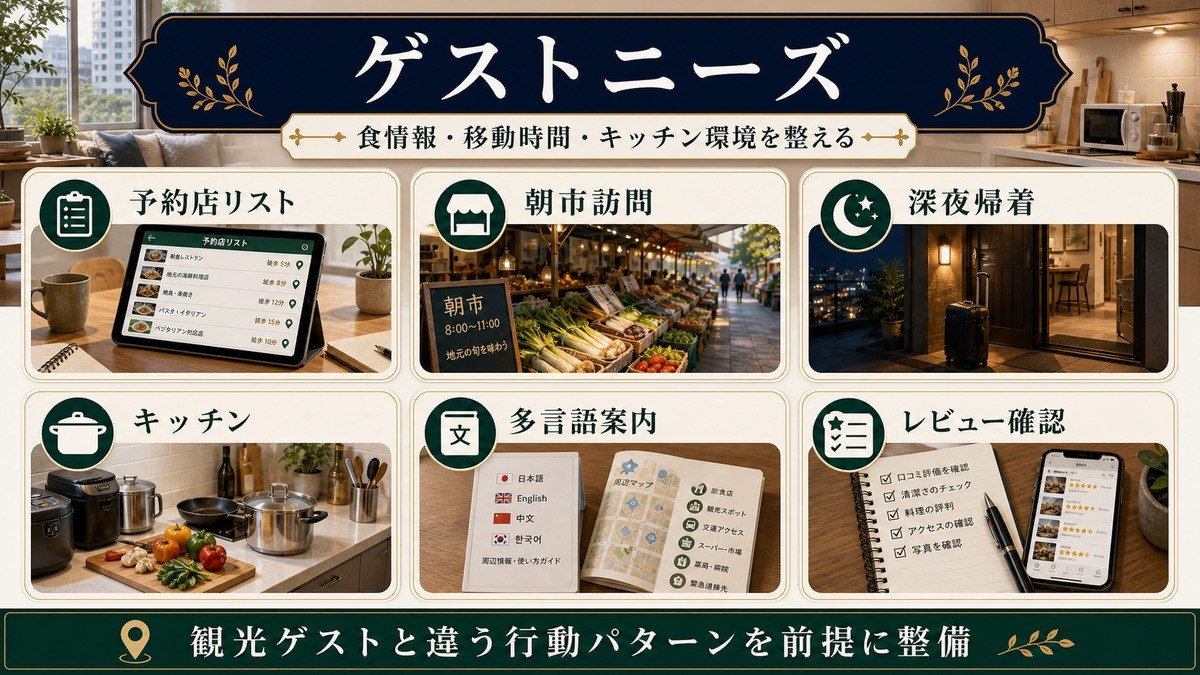 食通ゲストのニーズとして予約店リスト、朝市訪問、深夜帰着、キッチン、多言語案内、レビュー確認を整理した図解