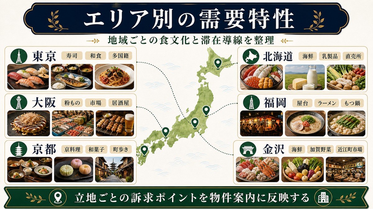 人気グルメエリア別の需要特性として東京、大阪、京都、北海道、福岡、金沢の食文化と滞在導線を整理した図解