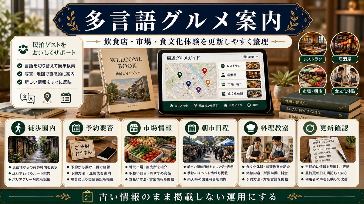 多言語グルメ案内として徒歩圏内、予約要否、市場情報、朝市日程、料理教室、更新確認を整理した図解