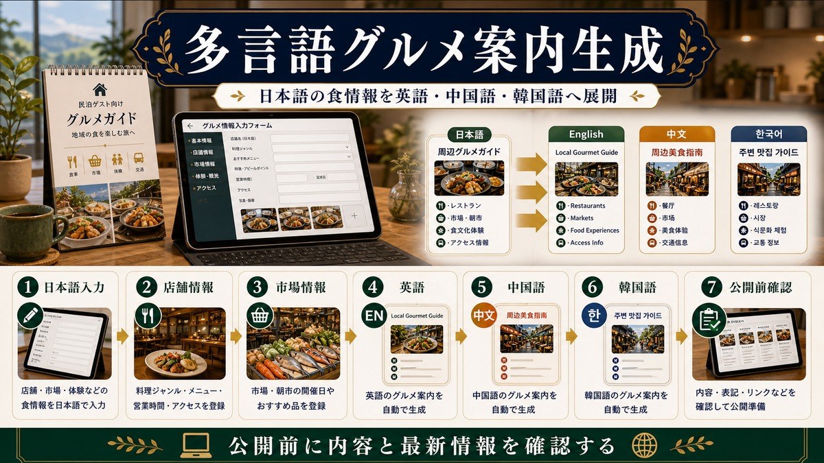 多言語グルメ案内生成として日本語入力、店舗情報、市場情報、英語、中国語、韓国語、公開前確認を整理した図解