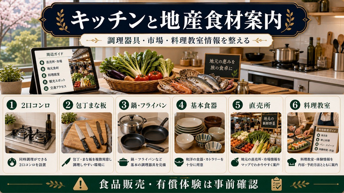 キッチンと地産食材案内として2口コンロ、包丁とまな板、鍋とフライパン、基本食器、直売所、料理教室を整理した図解