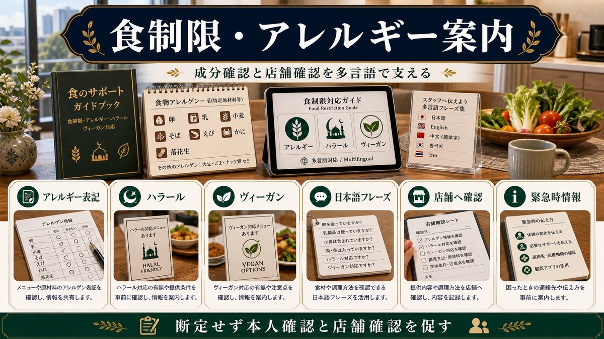 食制限とアレルギー案内としてアレルギー表記、ハラール、ヴィーガン、日本語フレーズ、店舗確認、緊急時情報を整理した図解