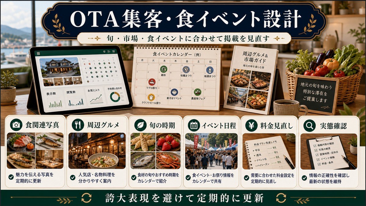 OTA集客と食イベント設計として食関連写真、周辺グルメ、旬の時期、イベント日程、料金見直し、実態確認を整理した図解