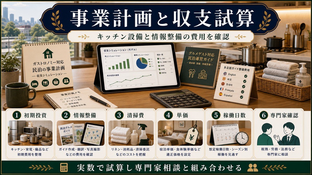 ガストロノミー民泊の事業計画として初期投資、情報整備、清掃費、単価、稼働日数、専門家確認を整理した図解
