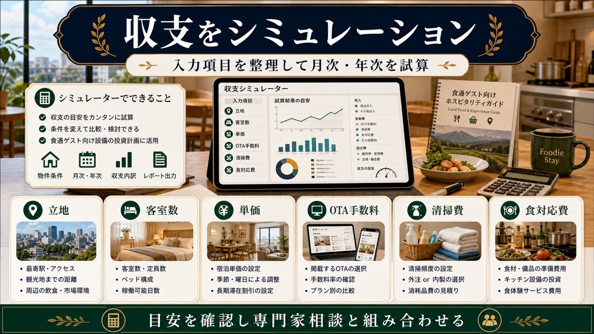 収支シミュレーションとして立地、客室数、単価、OTA手数料、清掃費、食対応費を整理した図解