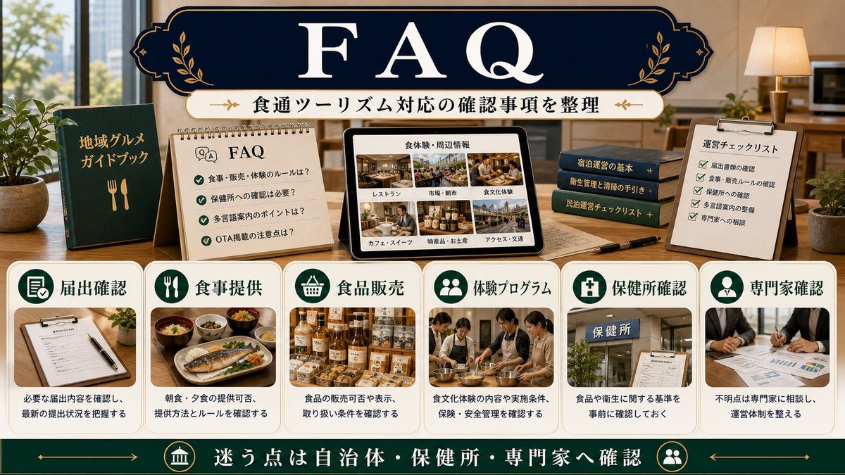 食通ツーリズム対応のFAQとして届出確認、食事提供、食品販売、体験プログラム、保健所確認、専門家確認を整理した図解