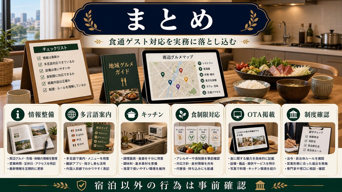 食通ゲストを引き込む民泊運営のまとめとして情報整備、多言語案内、キッチン、食制限対応、OTA掲載、制度確認を整理した図解
