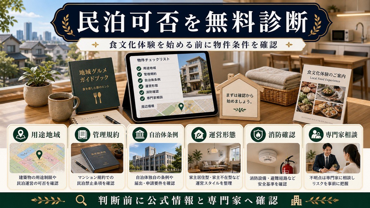 民泊可否の無料診断として用途地域、管理規約、自治体条例、運営形態、消防確認、専門家相談を整理した図解
