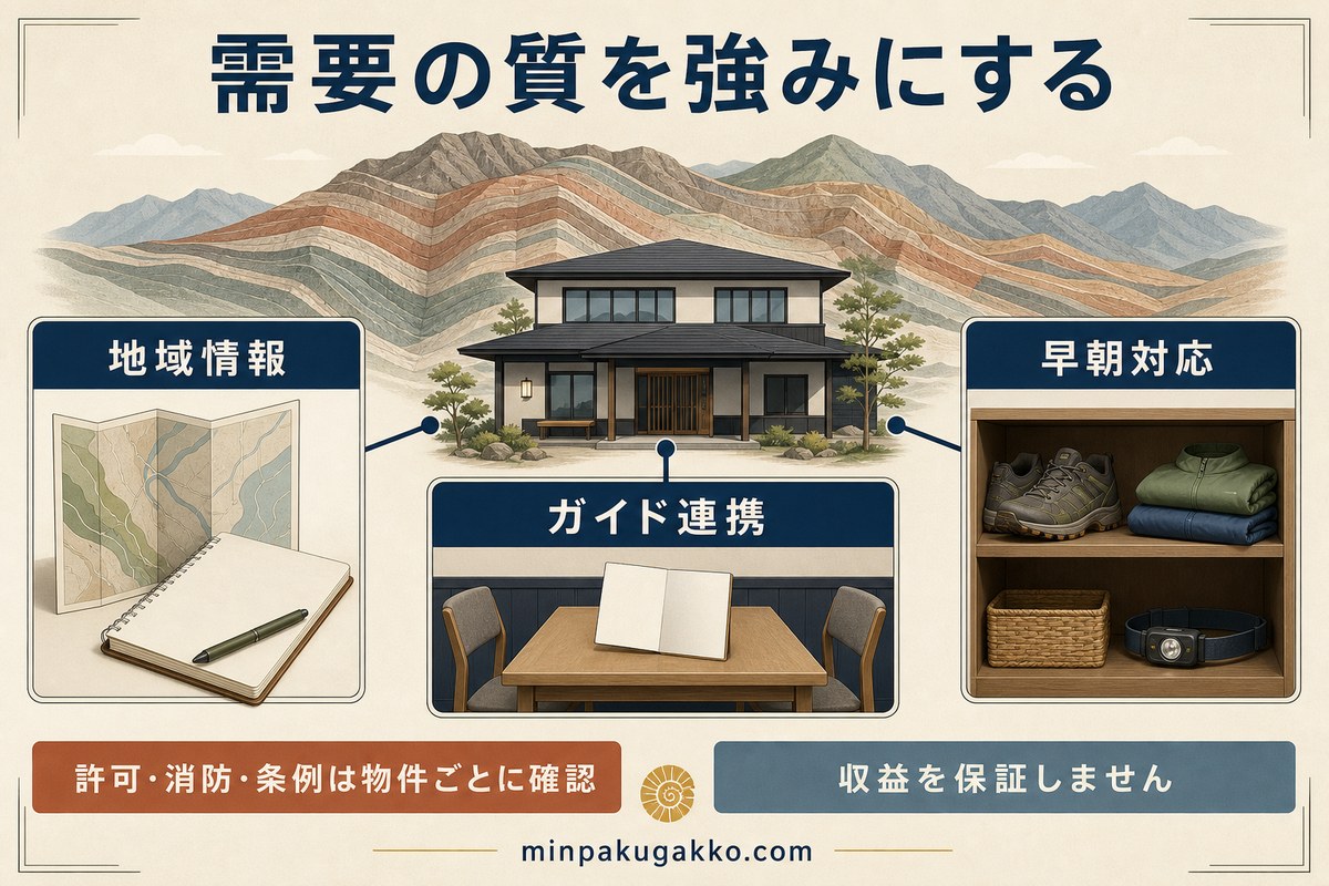 ジオパーク民泊で需要の質を強みにするための地域情報、ガイド連携、早朝対応を示す図