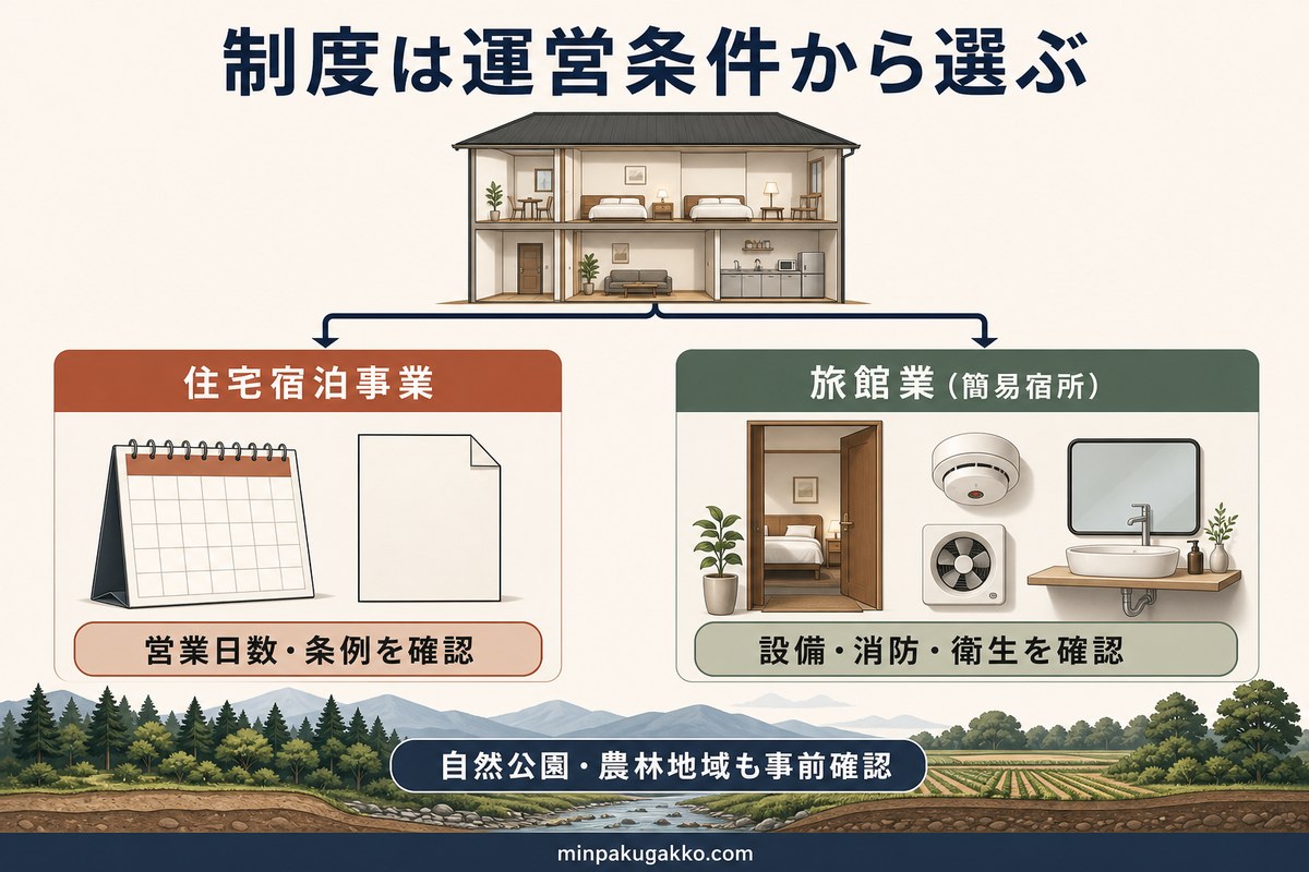 住宅宿泊事業と旅館業の選択時に営業日数、条例、設備、消防、衛生を確認する流れを示す図