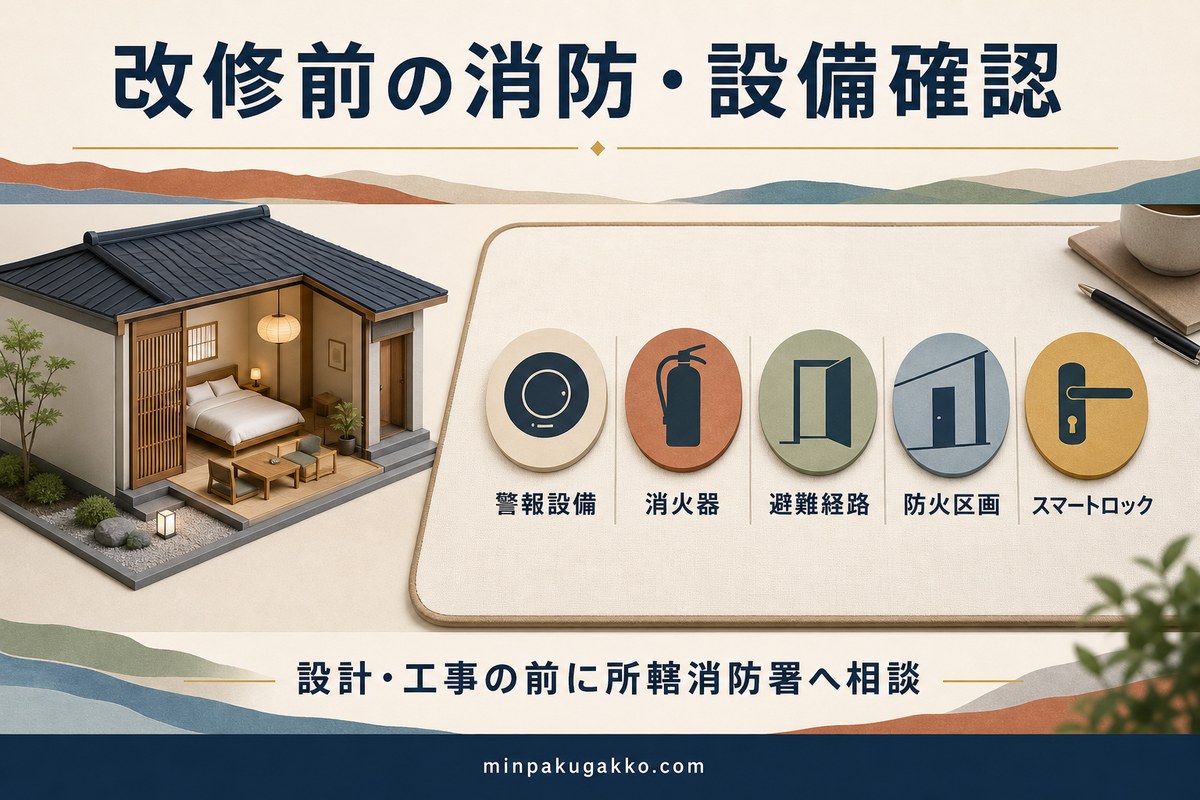 民泊の改修前に警報設備、消火器、避難経路、防火区画、スマートロックを確認する図
