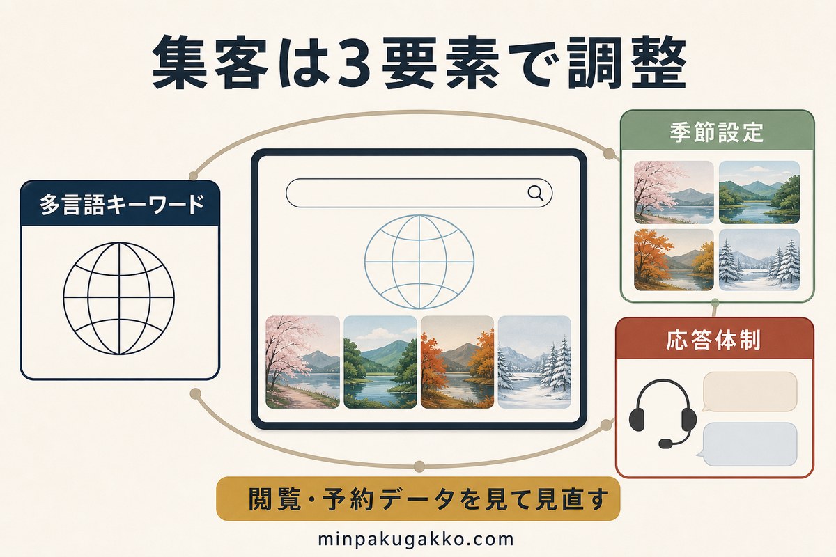 ジオパーク民泊の集客を多言語キーワード、季節設定、応答体制の3要素で調整する図