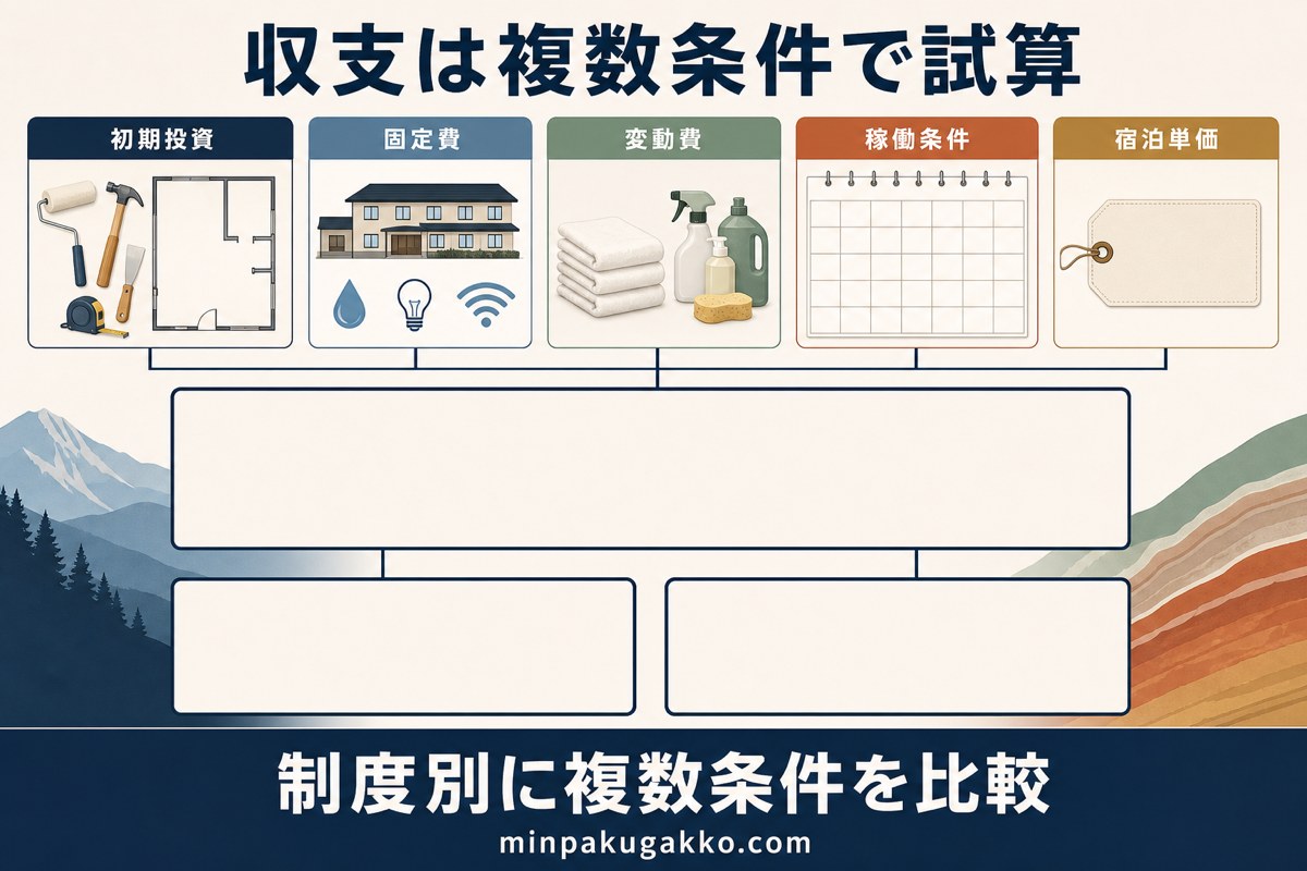 ジオパーク民泊の収支を初期投資、固定費、変動費、稼働条件、宿泊単価で試算する図