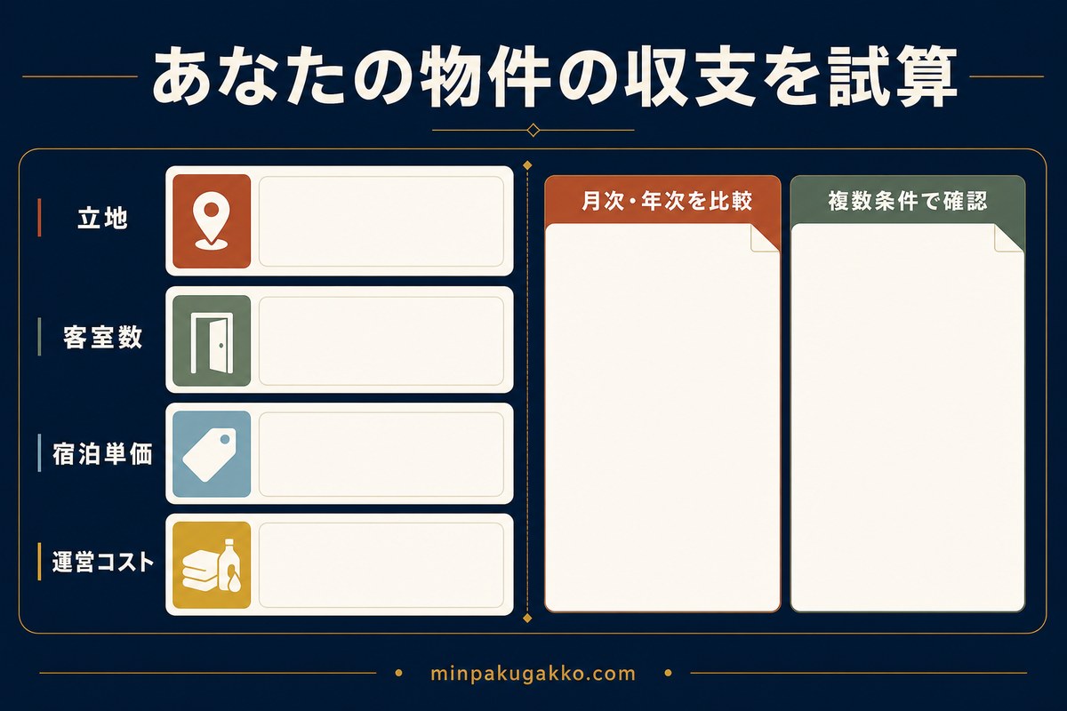 物件の立地、客室数、宿泊単価、運営コストを入力して月次と年次の収支を比較する図