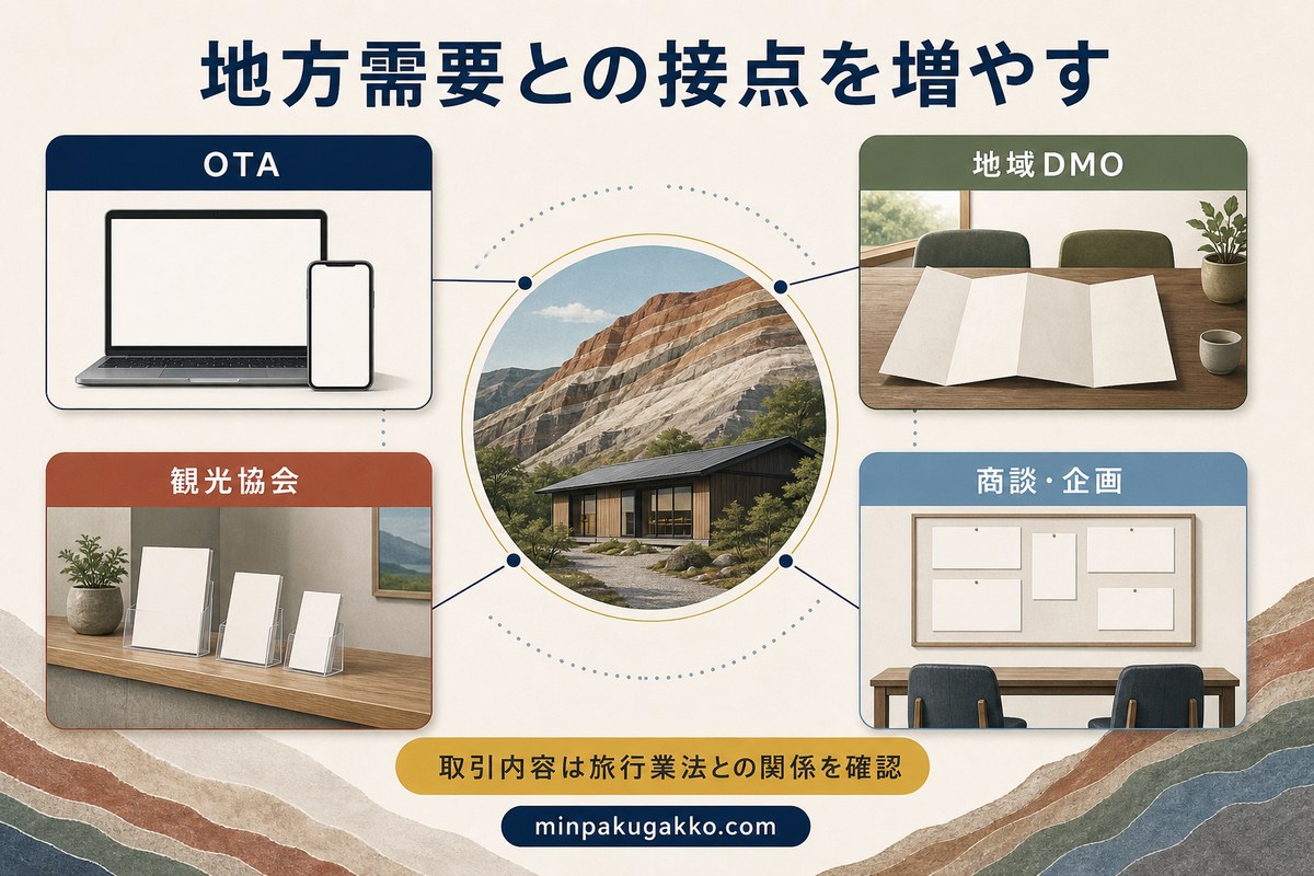 地方の地質観光需要との接点をOTA、地域DMO、観光協会、商談・企画で増やす図