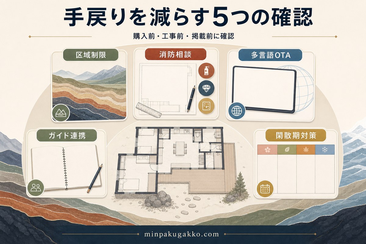 ジオパーク民泊の失敗を防ぐ区域制限、消防相談、多言語OTA、ガイド連携、閑散期対策の確認図